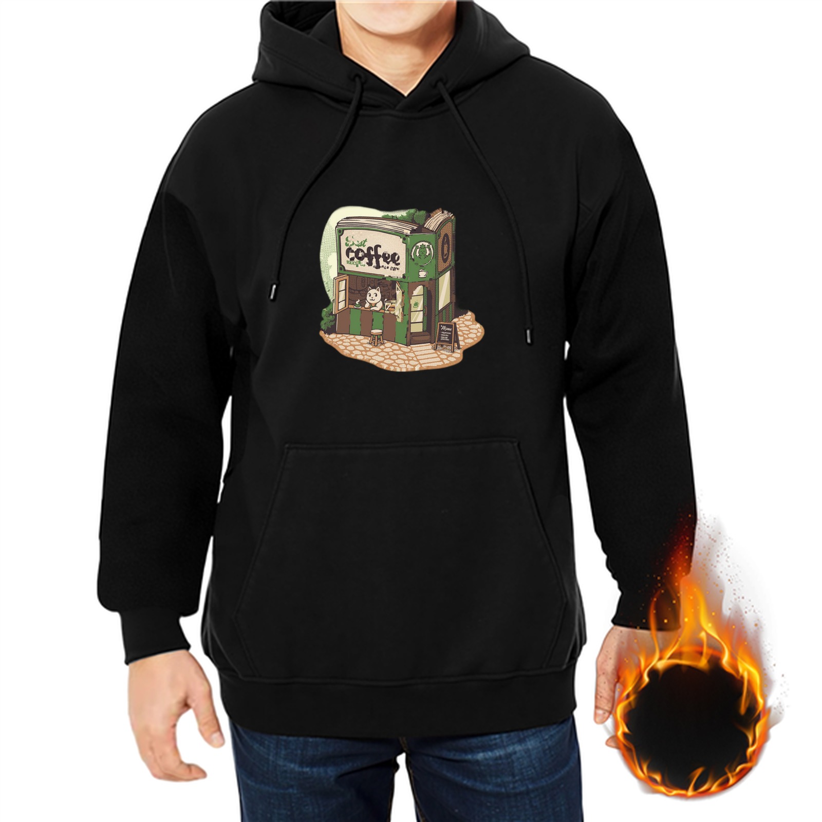 Black Hoodie With Cozy Coffee Shop Illustration Print