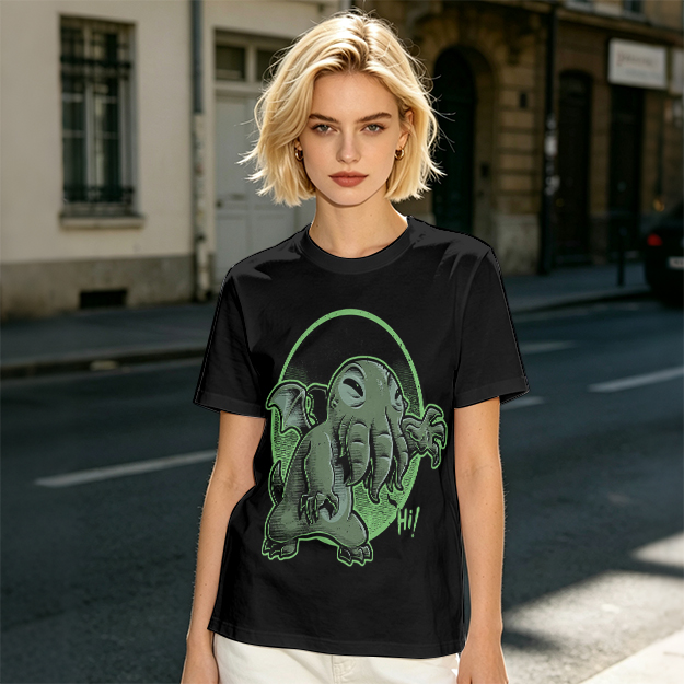 Olive T-Shirt Featuring Cute Cartoon Cthulhu Saying Hi