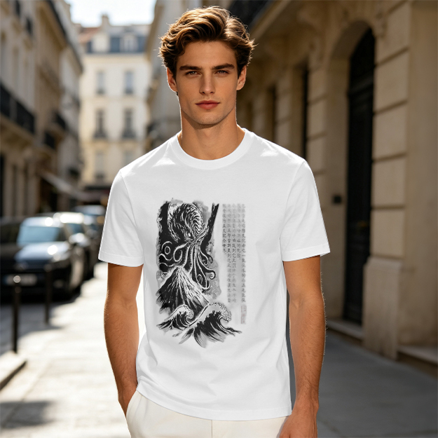 Olive T-shirt with Cthulhu and Wave Gothic Art Print