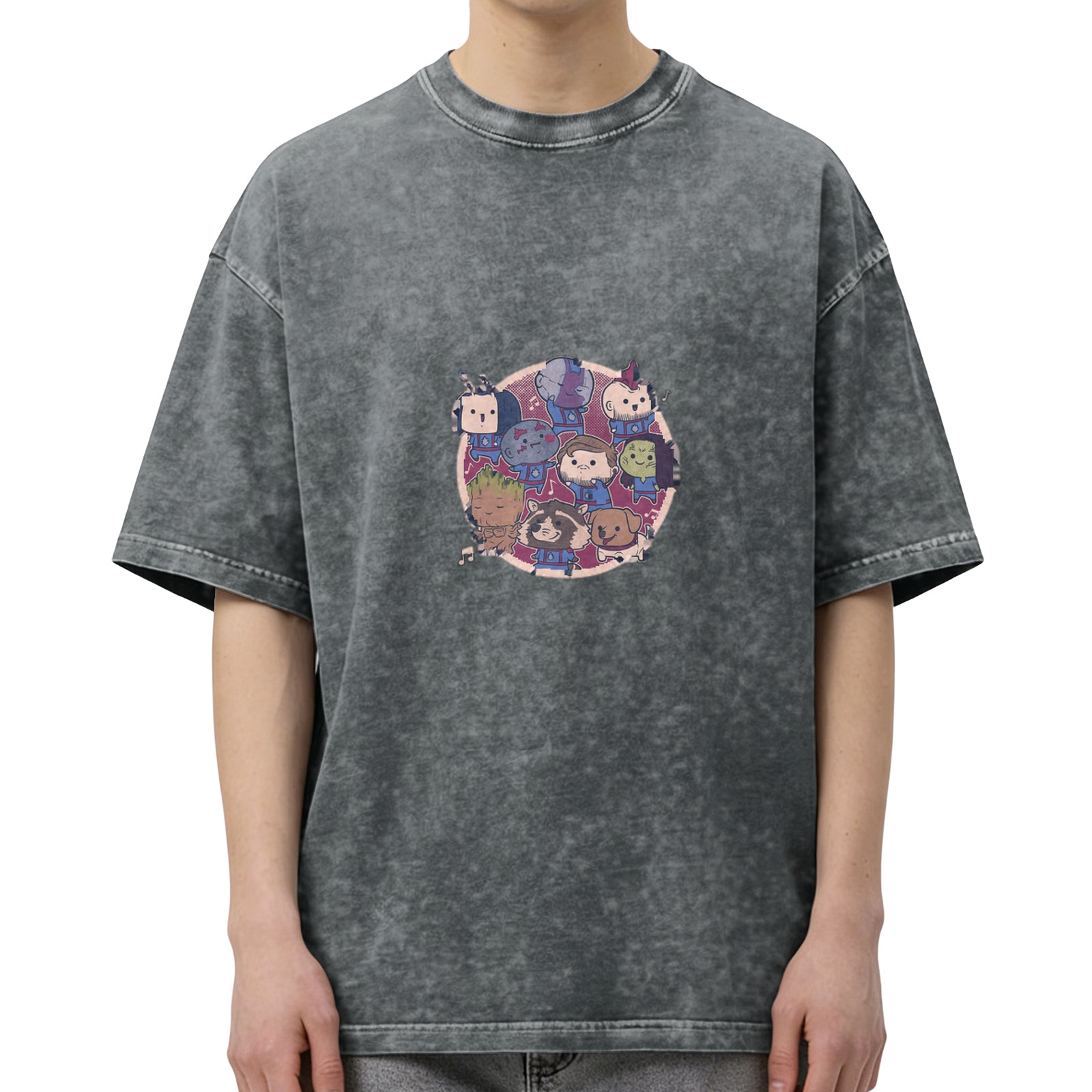 Washed black graphic t-shirt with chibi guardians of the galaxy print