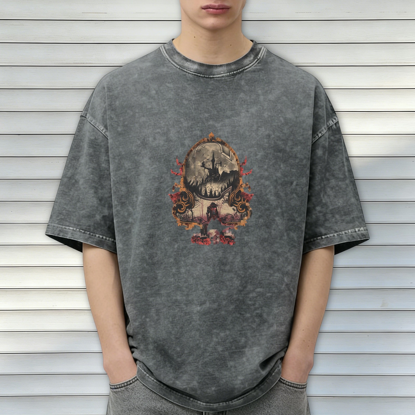 Oversized Vintage Washed Black T-Shirt with Gothic Castle & Skull Graphic Print