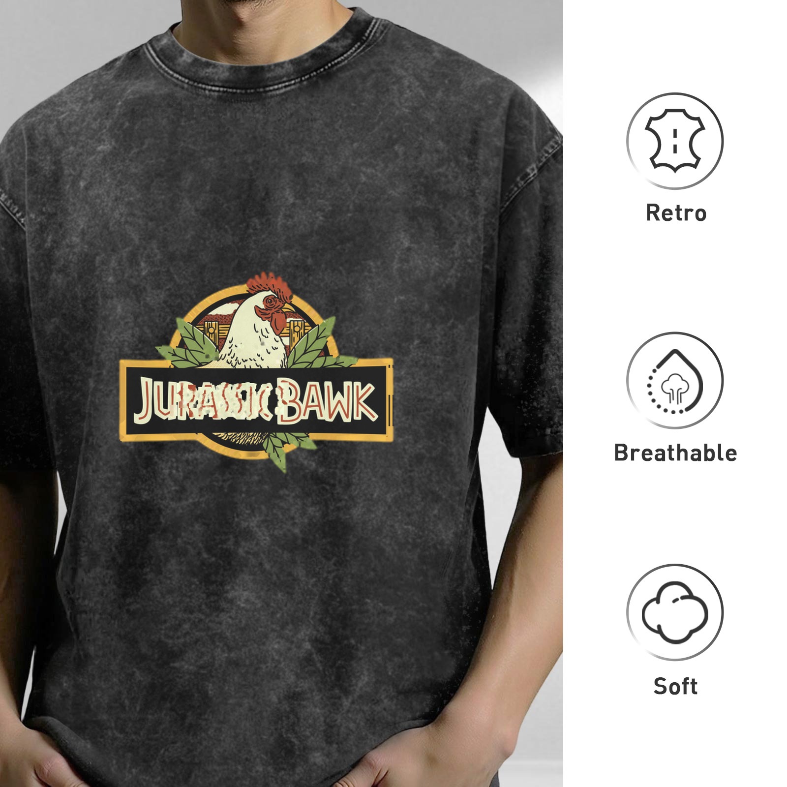 Washed Black T-Shirt with Jurassic Bawk Chicken Graphic