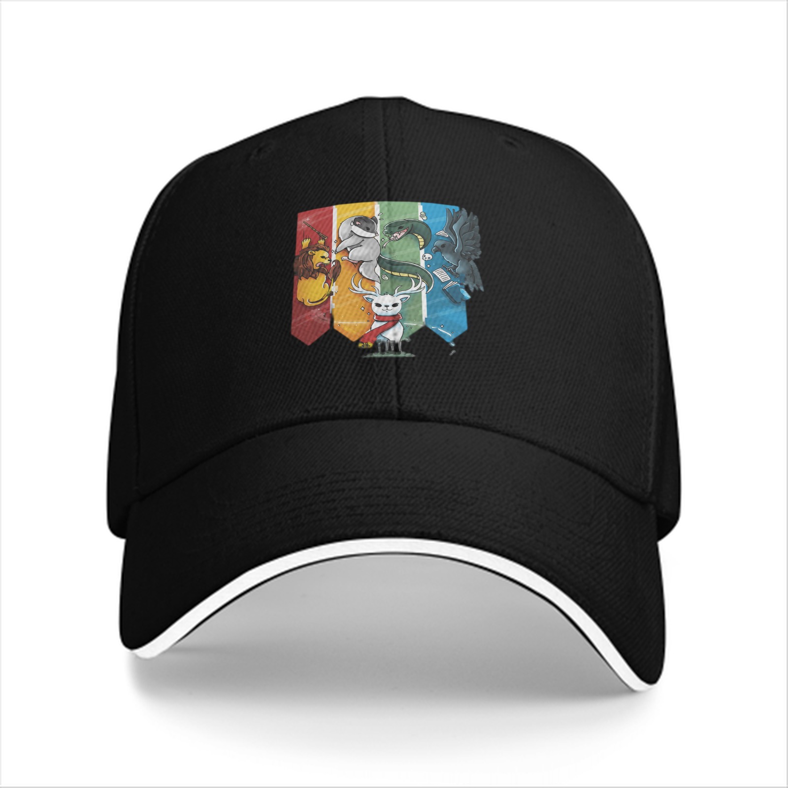 Black baseball cap with Harry Potter house mascots graphic