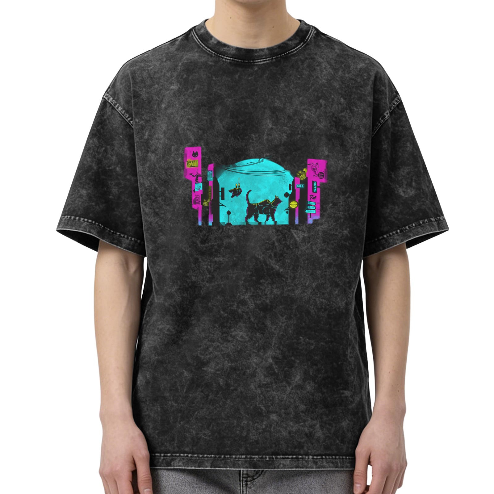 Oversized Acid Wash Graphic T-Shirt with Cyberpunk Cat Alley Print