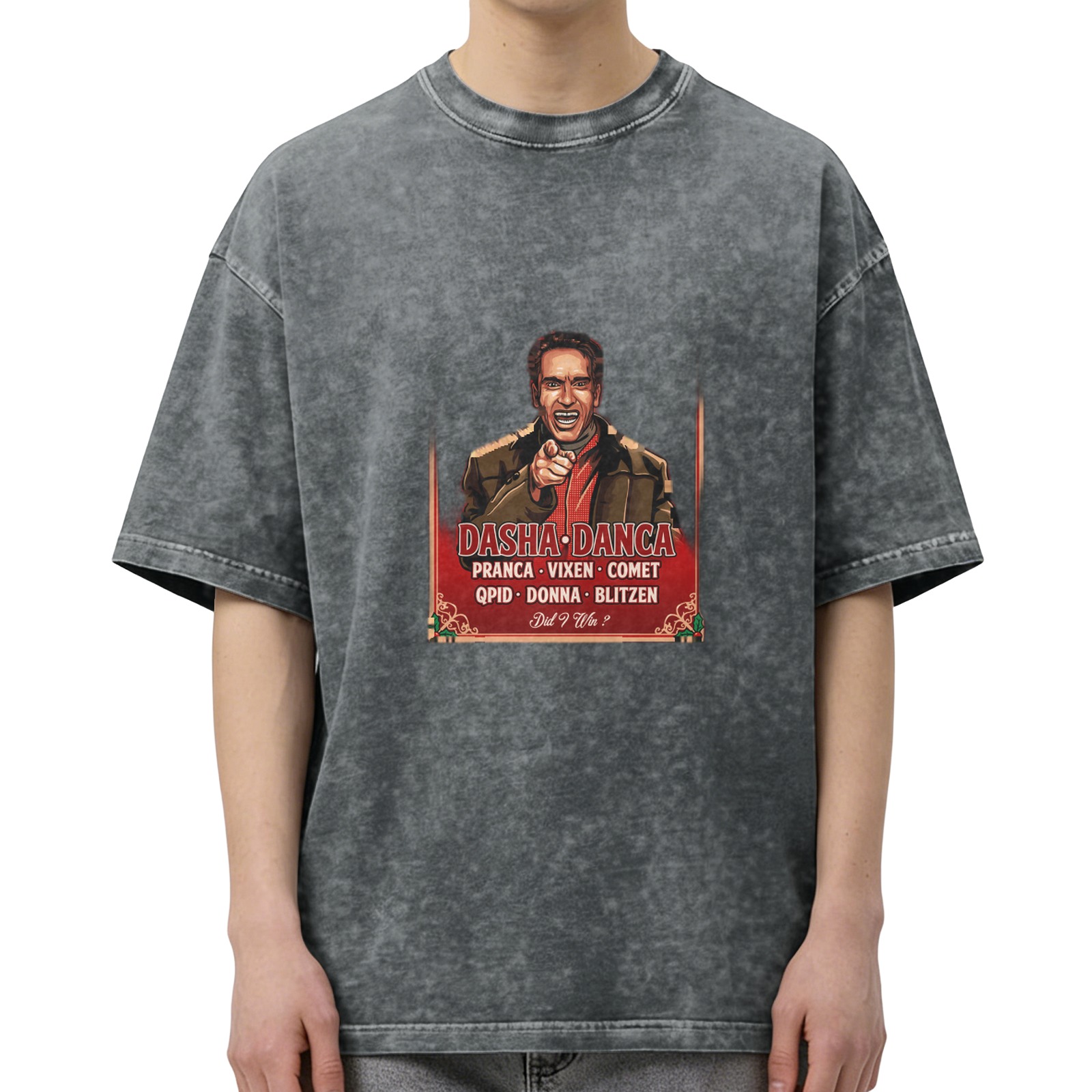 Oversized dark wash t-shirt with Dasha Danca reindeer names graphic