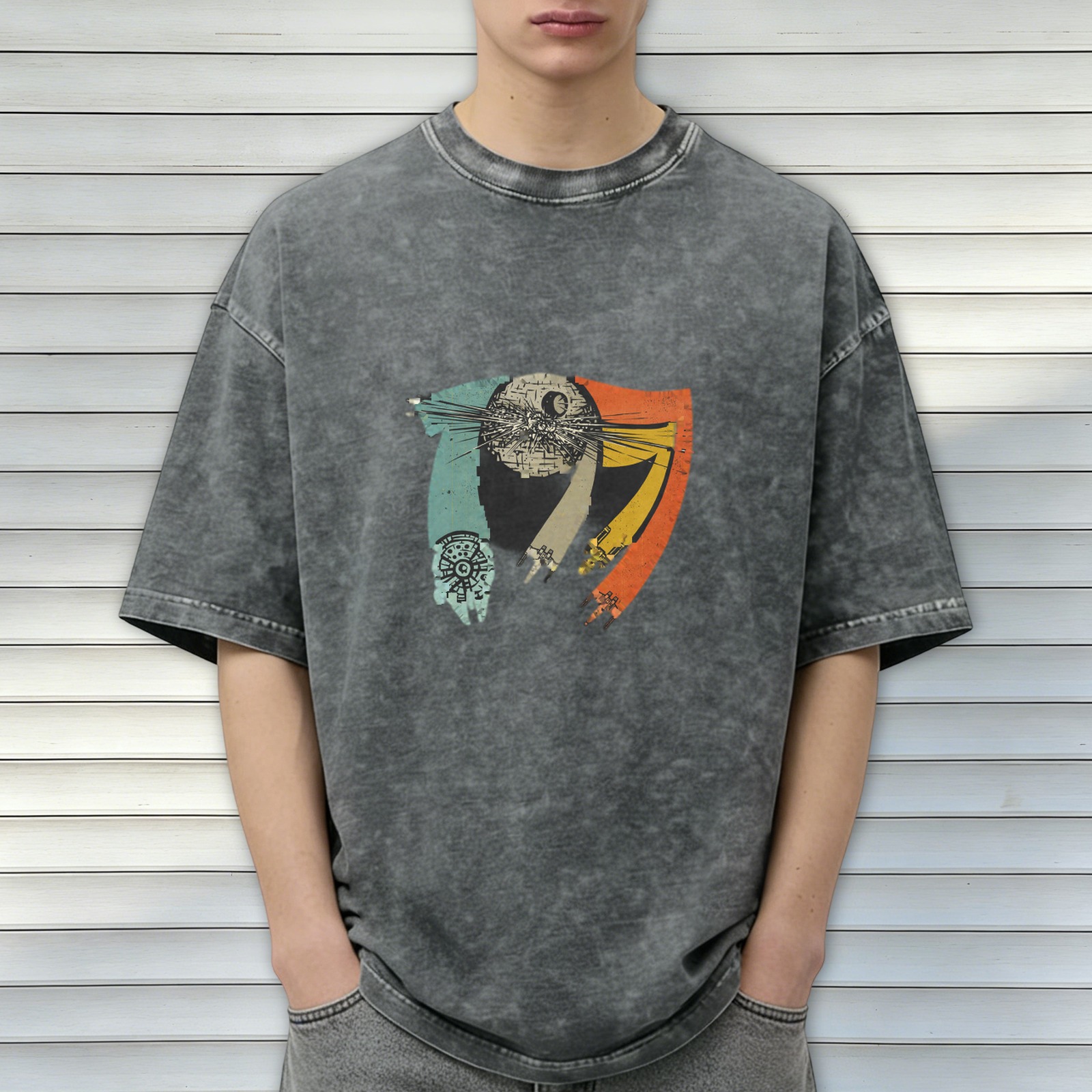 Distressed black Star Wars themed printed short-sleeved T-shirt