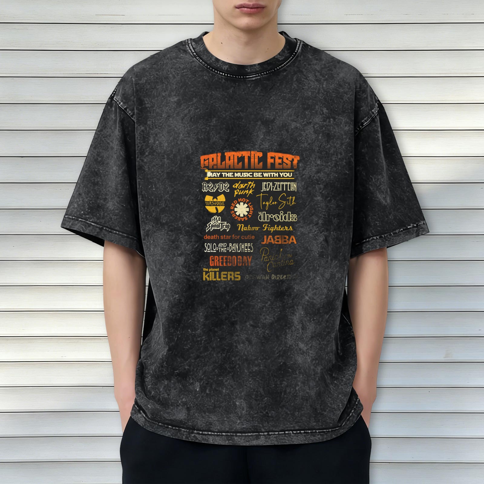 Galactic Fest Star Wars Parody Band Graphic Acid Wash Oversized T-Shirt