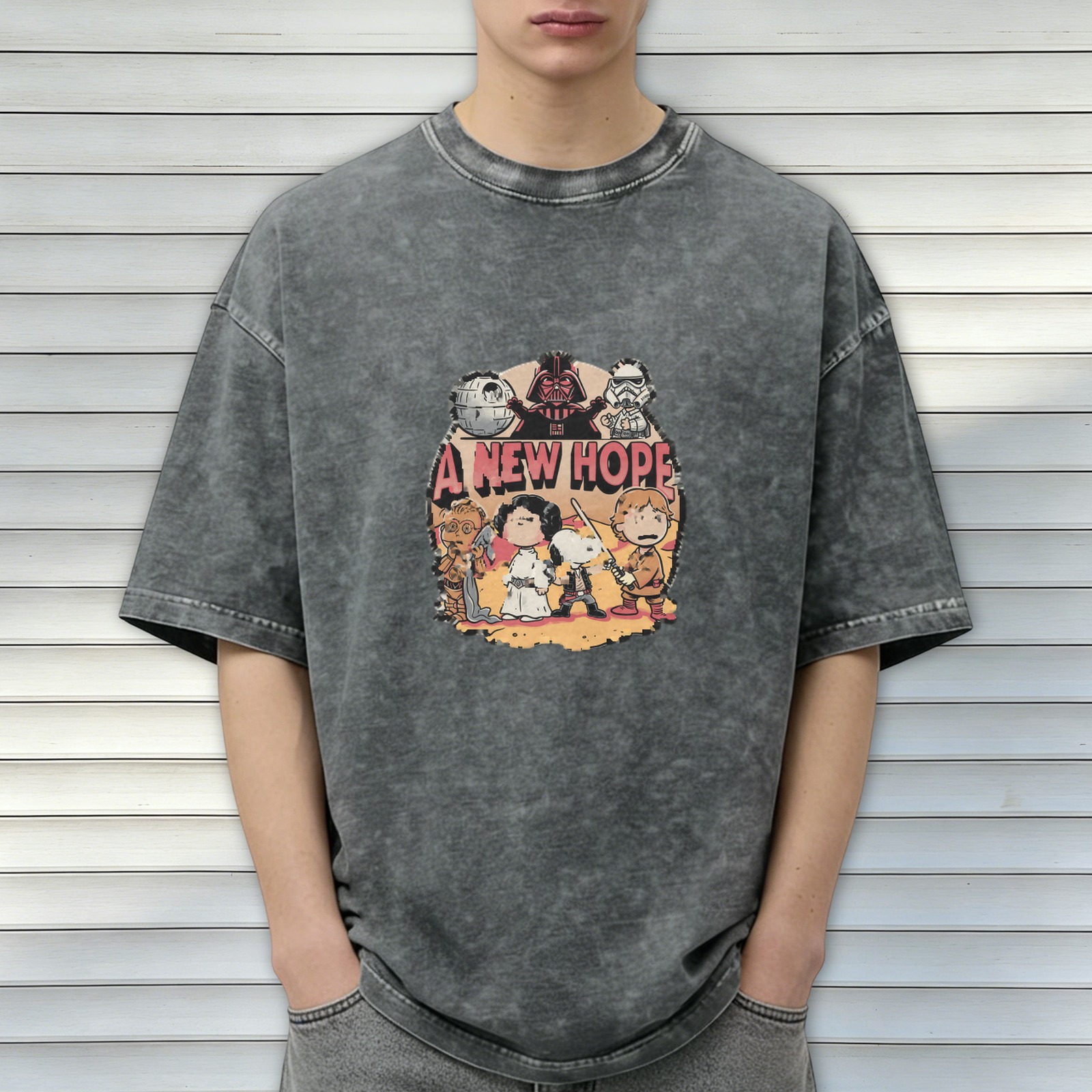 Washed Black T-Shirt with Peanuts x Star Wars A New Hope Graphic