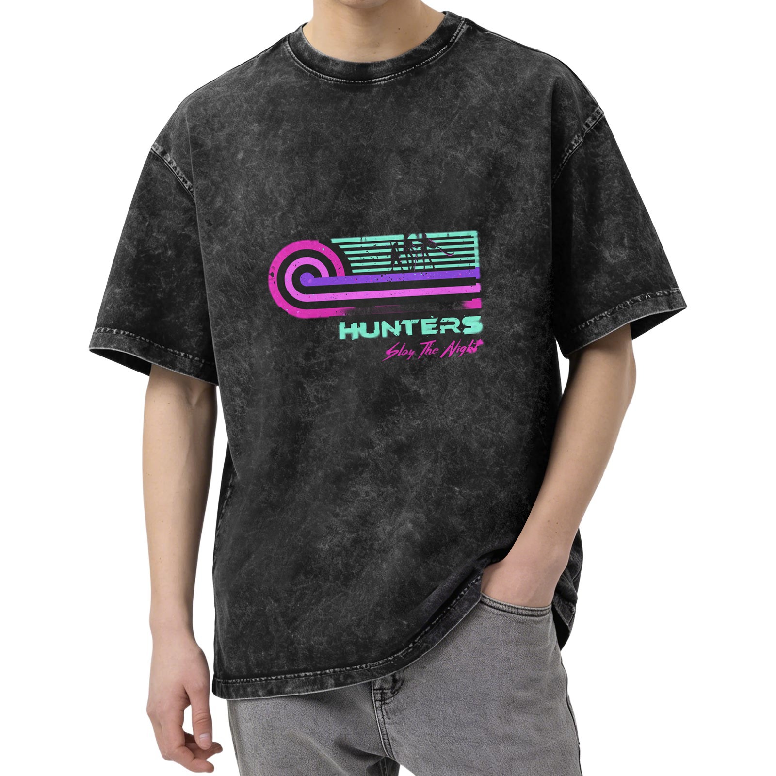 Washed Black T-Shirt with Retro Hunters Slay The Night Graphic