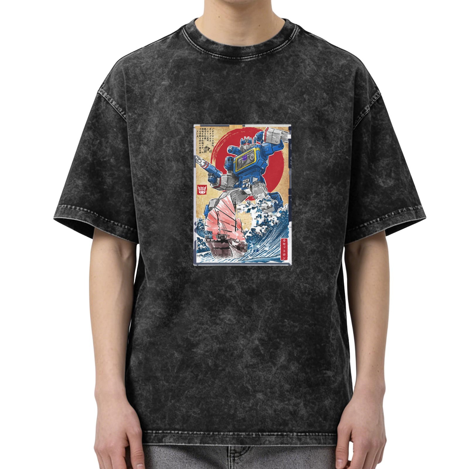 Retro washed black loose short-sleeved T-shirt Ukiyo-e Transformers sonic print