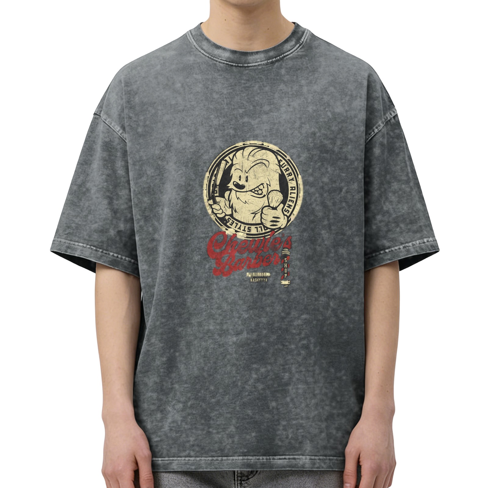 Oversized Acid Wash T-Shirt With Chewie's Barber Graphic Print