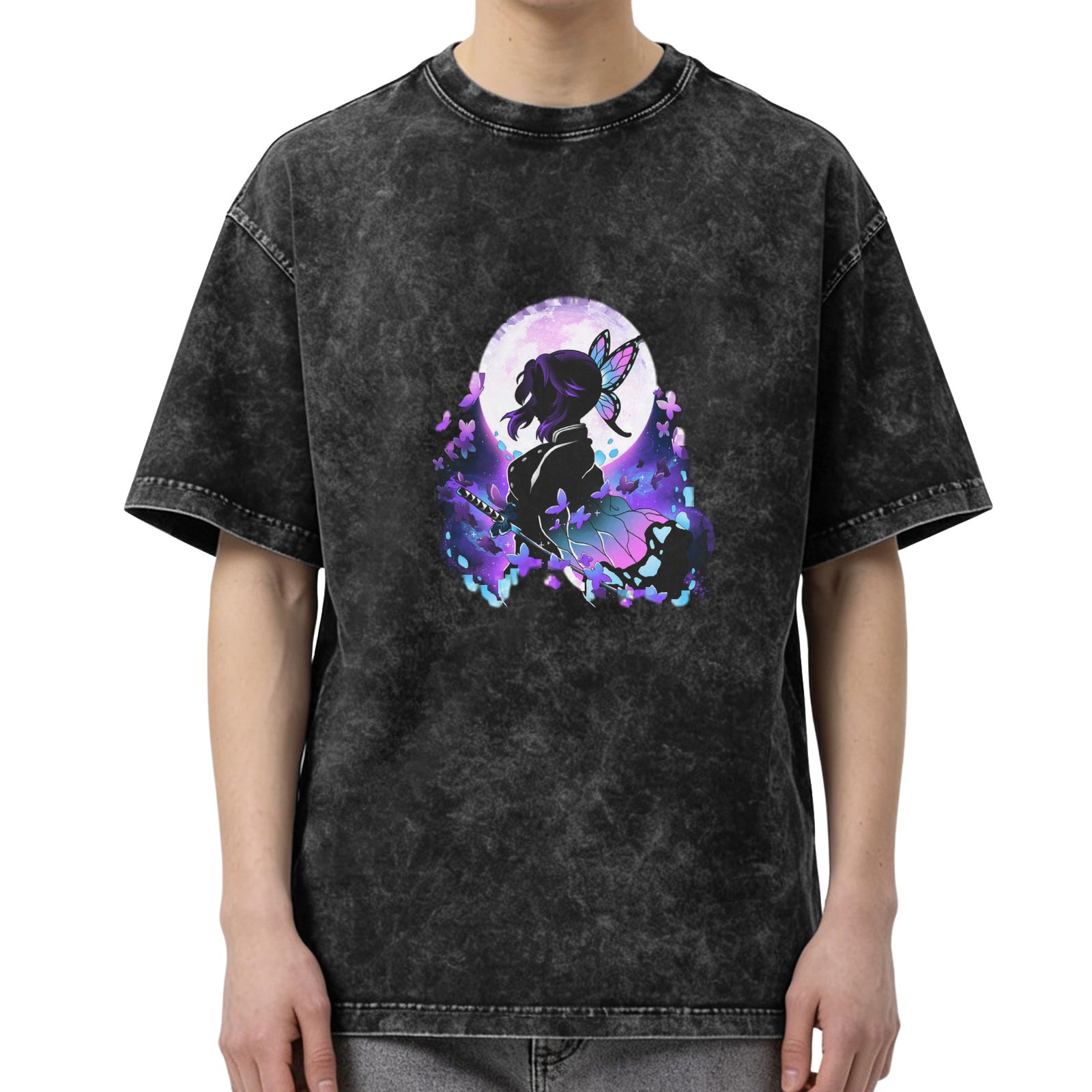 Oversized Acid Wash T-Shirt With Anime Butterfly Silhouette Graphic