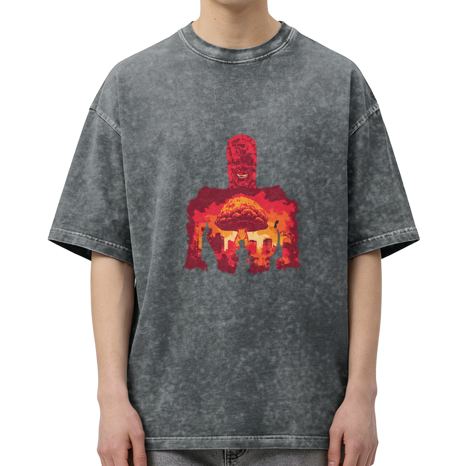 Oversized Acid Wash T-Shirt with Nuclear Explosion Skull Art
