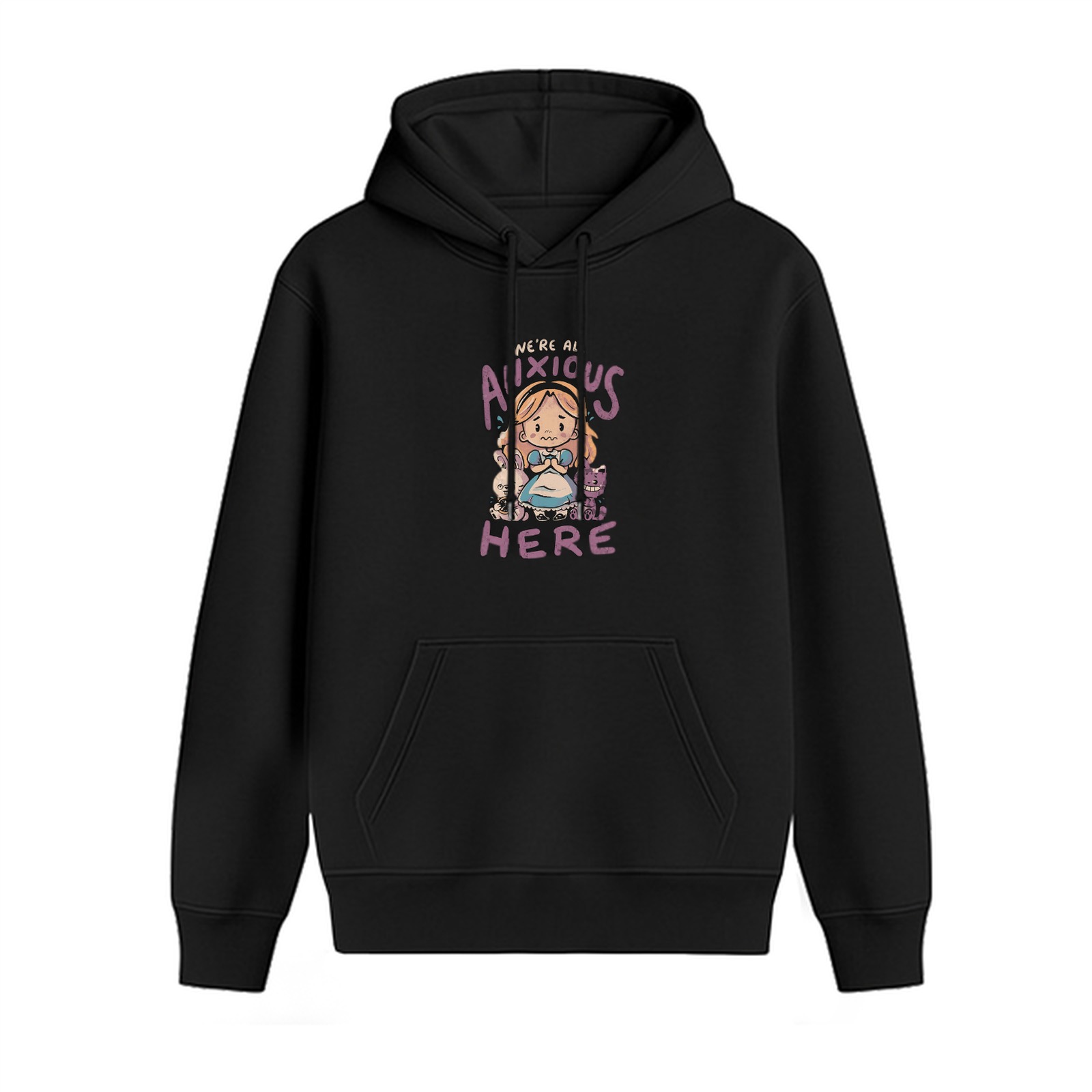 Black hoodie with anxious Alice in Wonderland graphic print