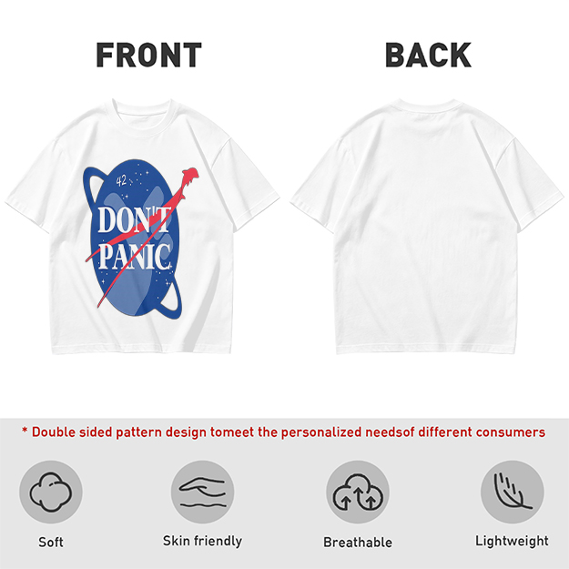Olive green space-themed t-shirt with 'Don't Panic' print