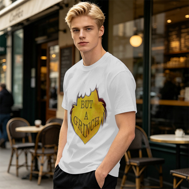 Olive green t-shirt with 'But A Grinch' graphic print