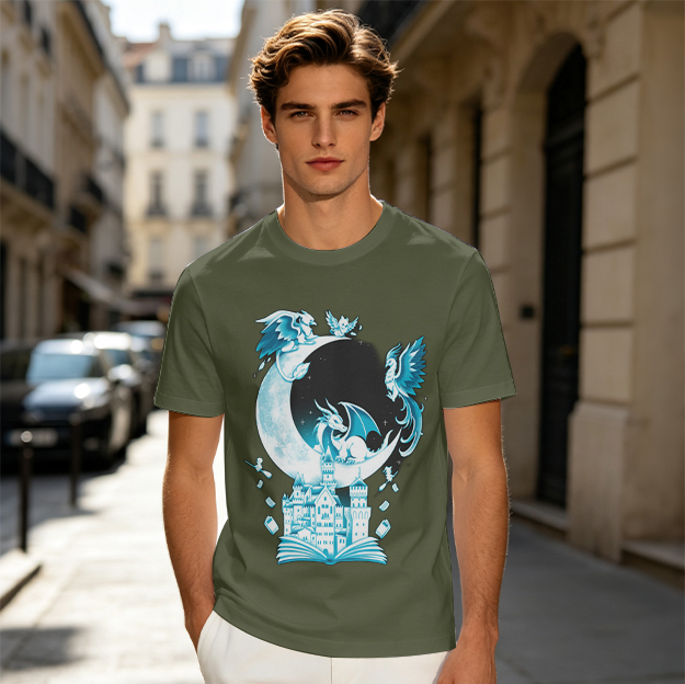 Fantasy Dragon and Crescent Moon Graphic Tee for Magic Lovers