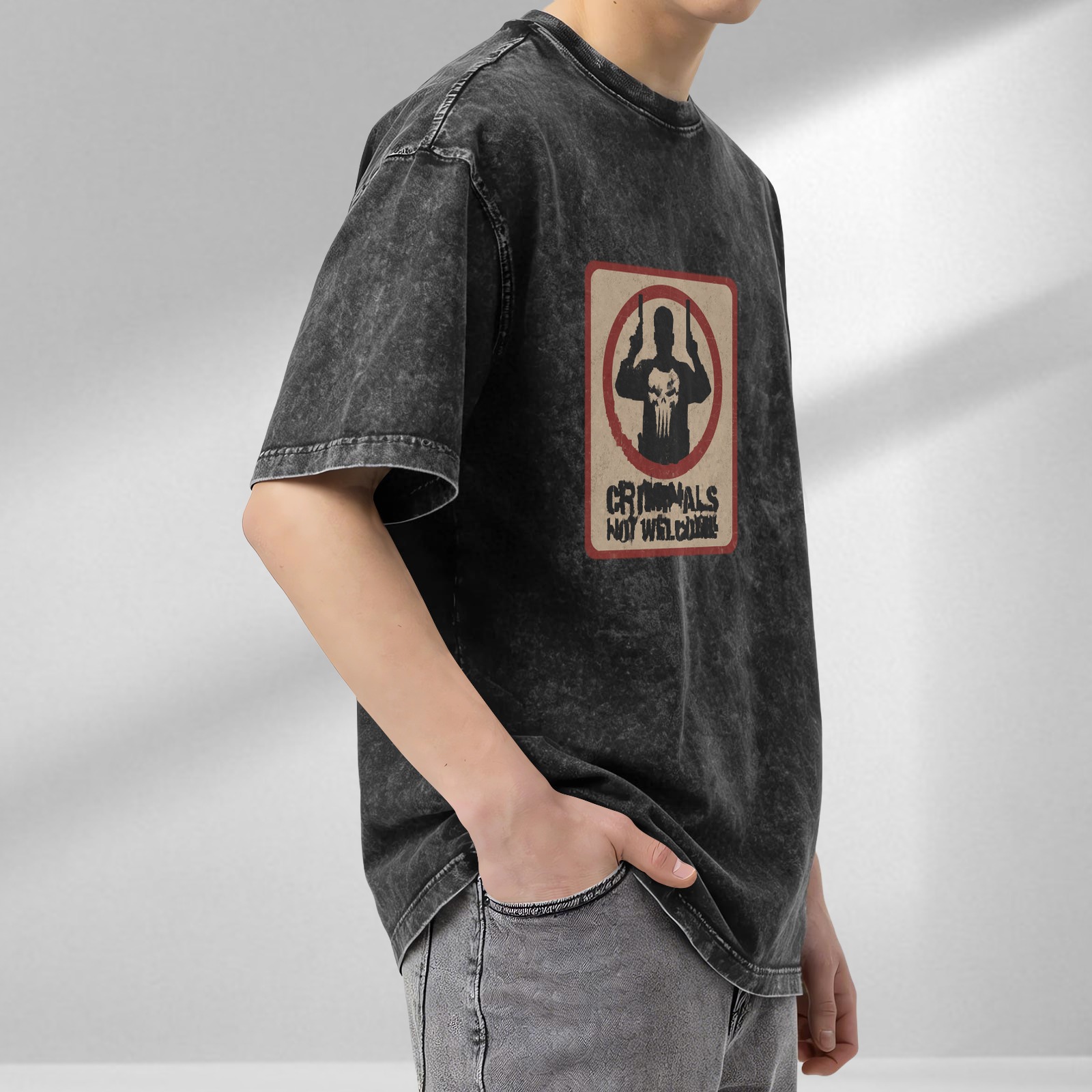 Washed black t-shirt with Punisher criminals not welcome graphic
