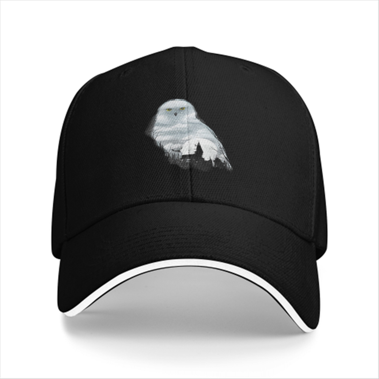 Black baseball cap with snowy owl and castle graphic