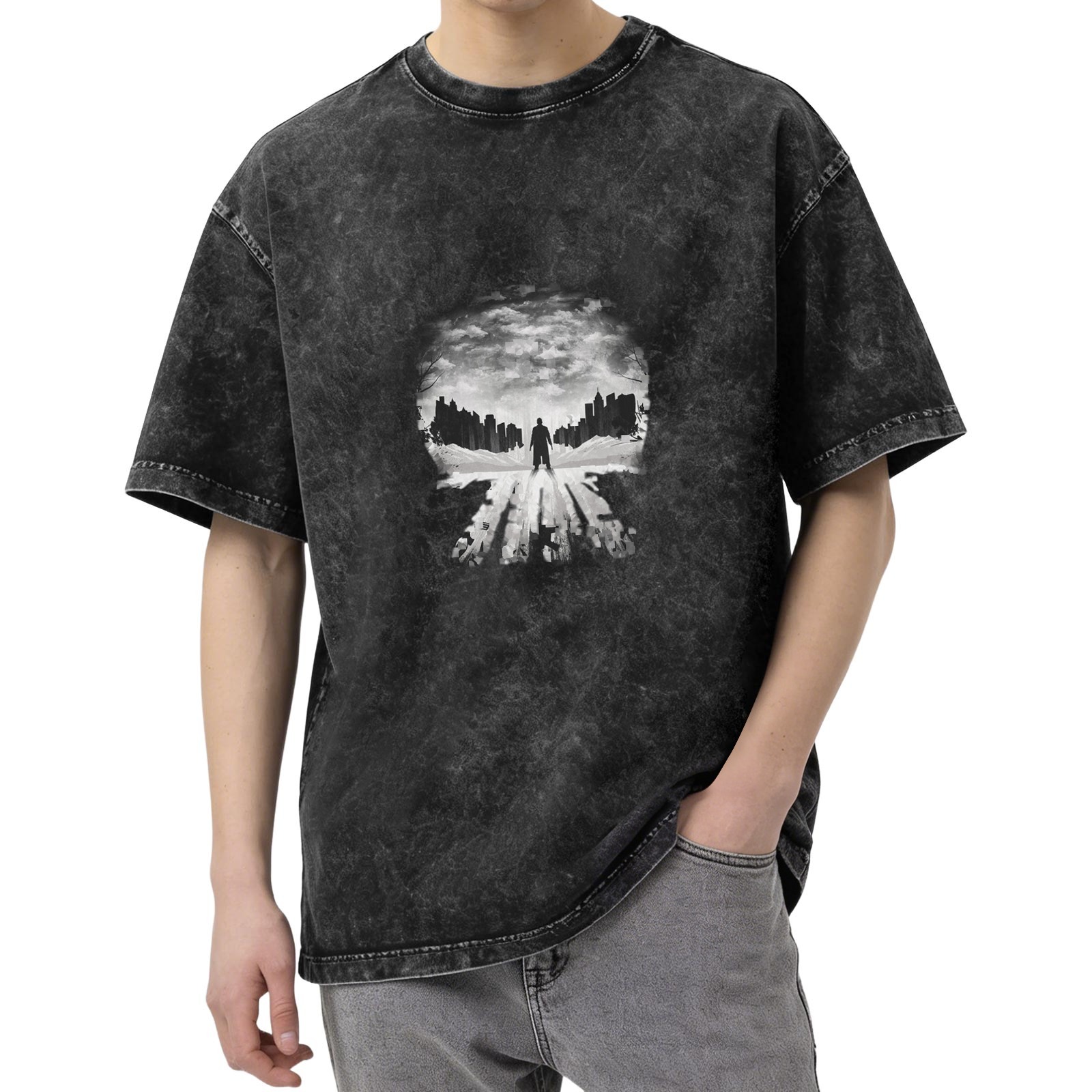 Oversized Acid Wash T-Shirt With Skull Silhouette Cityscape Graphic