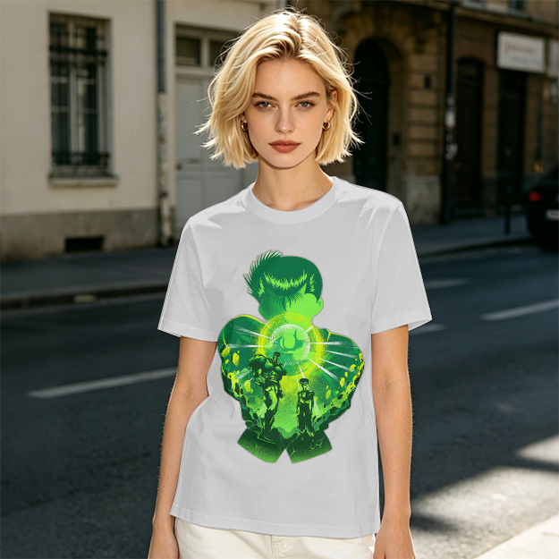 Anime Character Silhouette Glowing Green Graphic T-Shirt