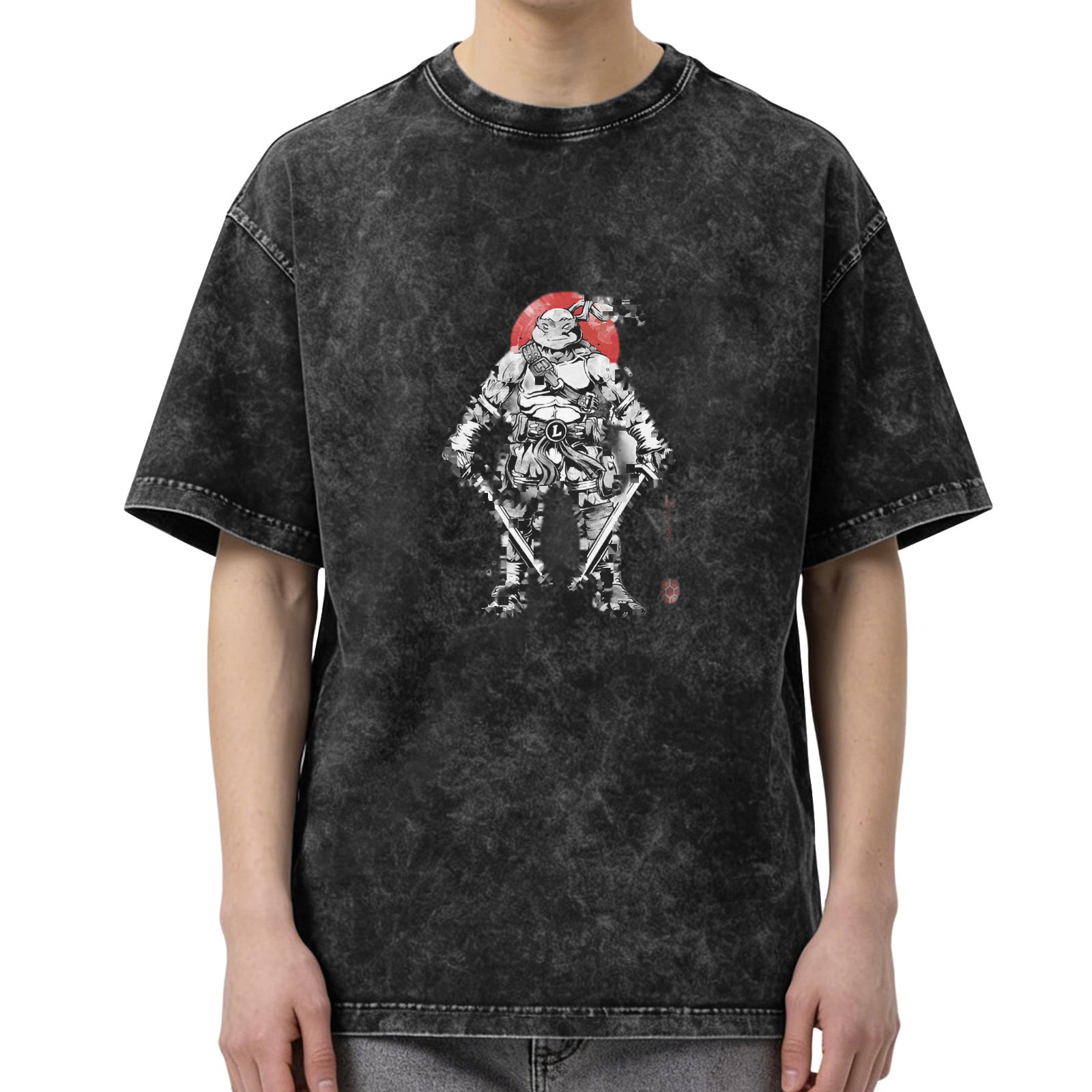 Oversized Stonewashed T-Shirt With Ninja Turtle Warrior Graphic