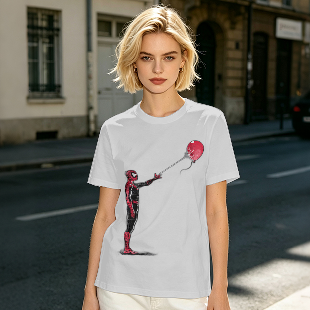 Olive T-shirt with Spider-Man Holding Red Balloon Graphic