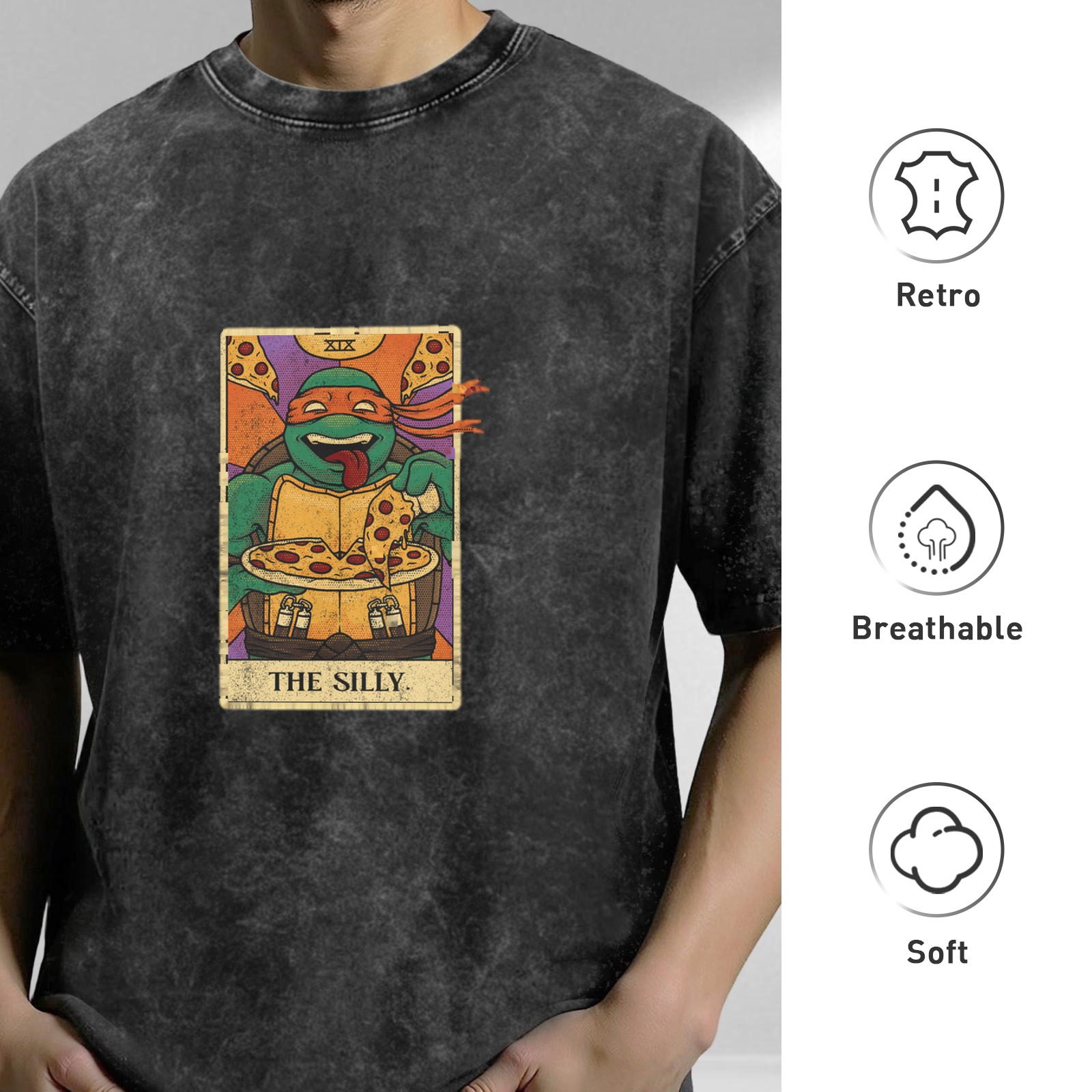 Washed graphic t-shirt with Teenage Mutant Ninja Turtle pizza tarot print