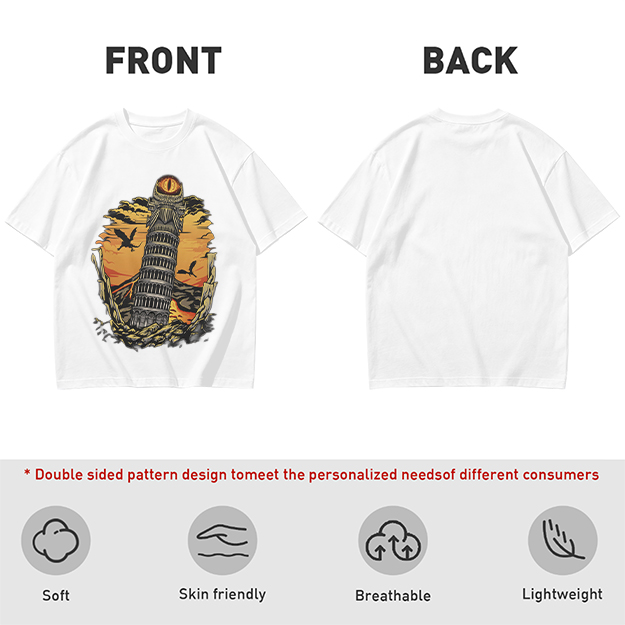 Ominous tower with eye and flying creatures graphic t-shirt