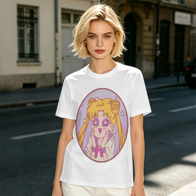 Olive T-shirt with excited anime girl star eyes graphic