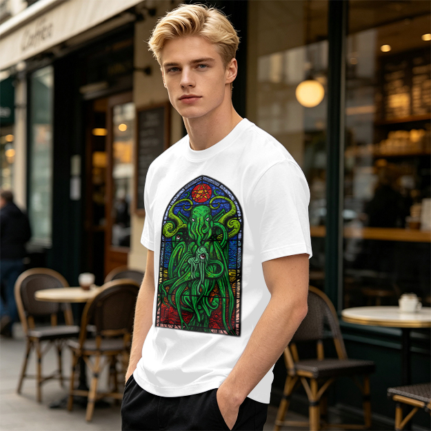 Olive T-Shirt with Cthulhu Stained Glass Style Graphic