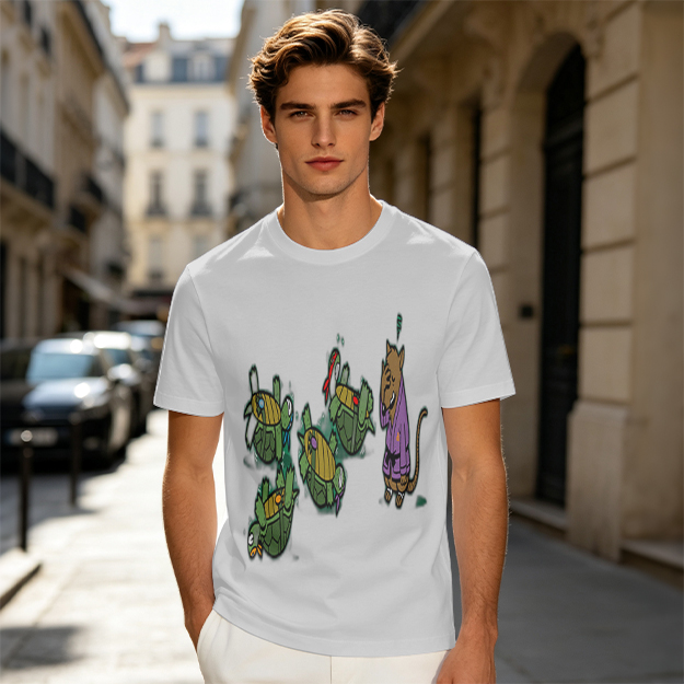 Olive Graphic Tee With Ninja Turtles and Splinter Print