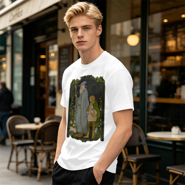 Olive T-Shirt with Wizard and Hobbit Fantasy Art Print