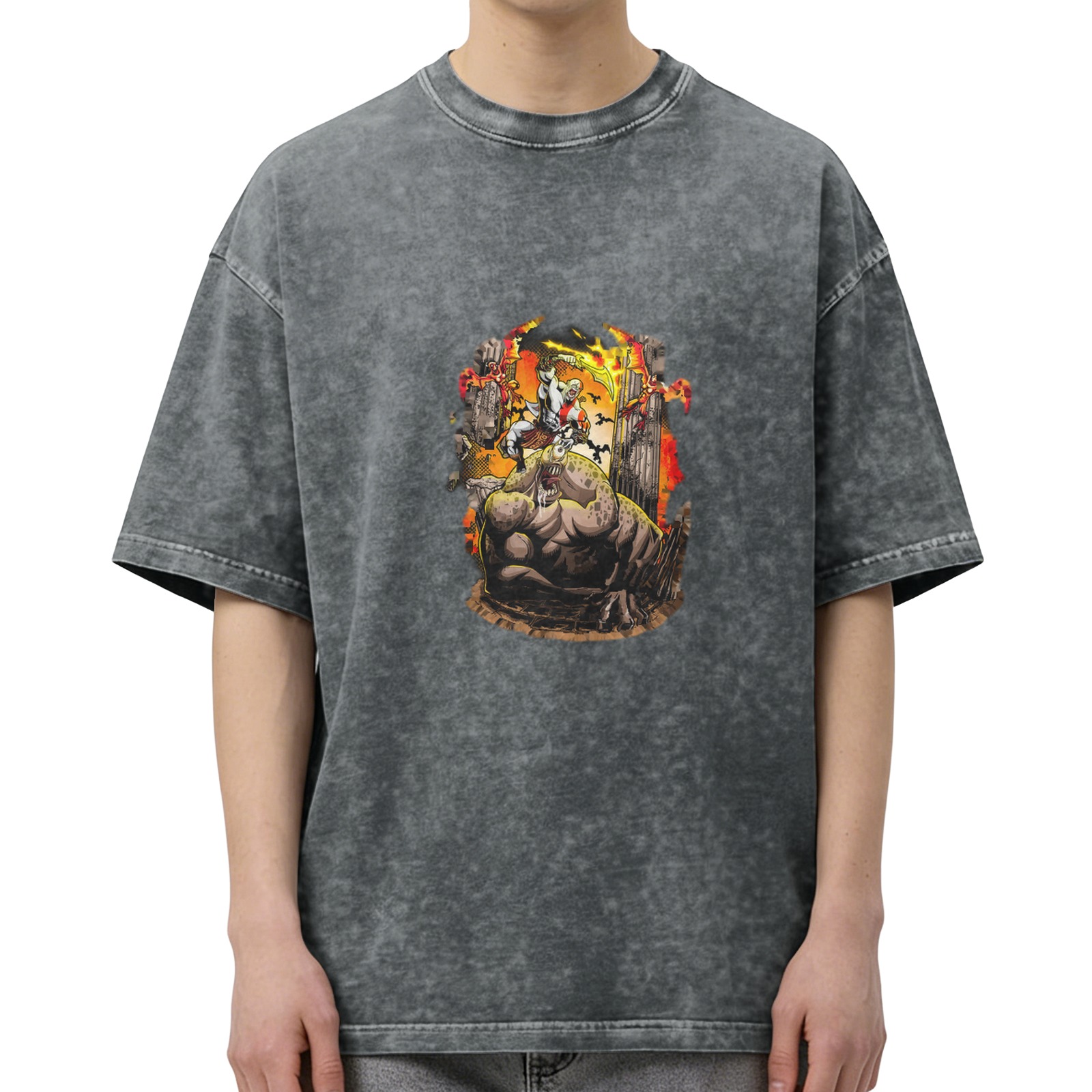oversized washed black t-shirt with fantasy battle graphic print