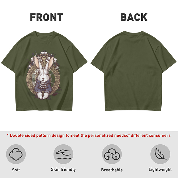 Olive T-Shirt With Steampunk White Rabbit Pocket Watch Art