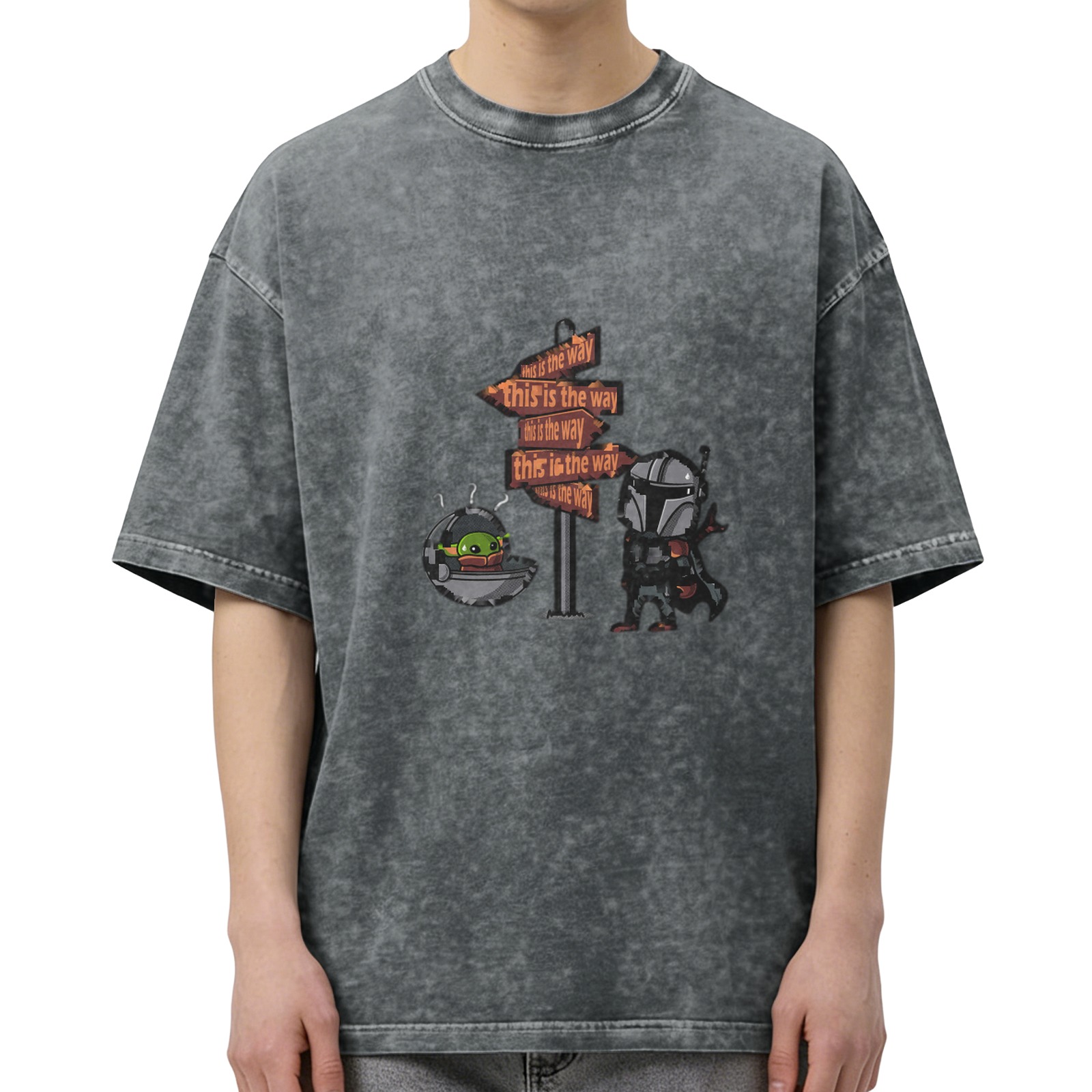 Distressed black Mandalorian themed printed short-sleeved T-shirt