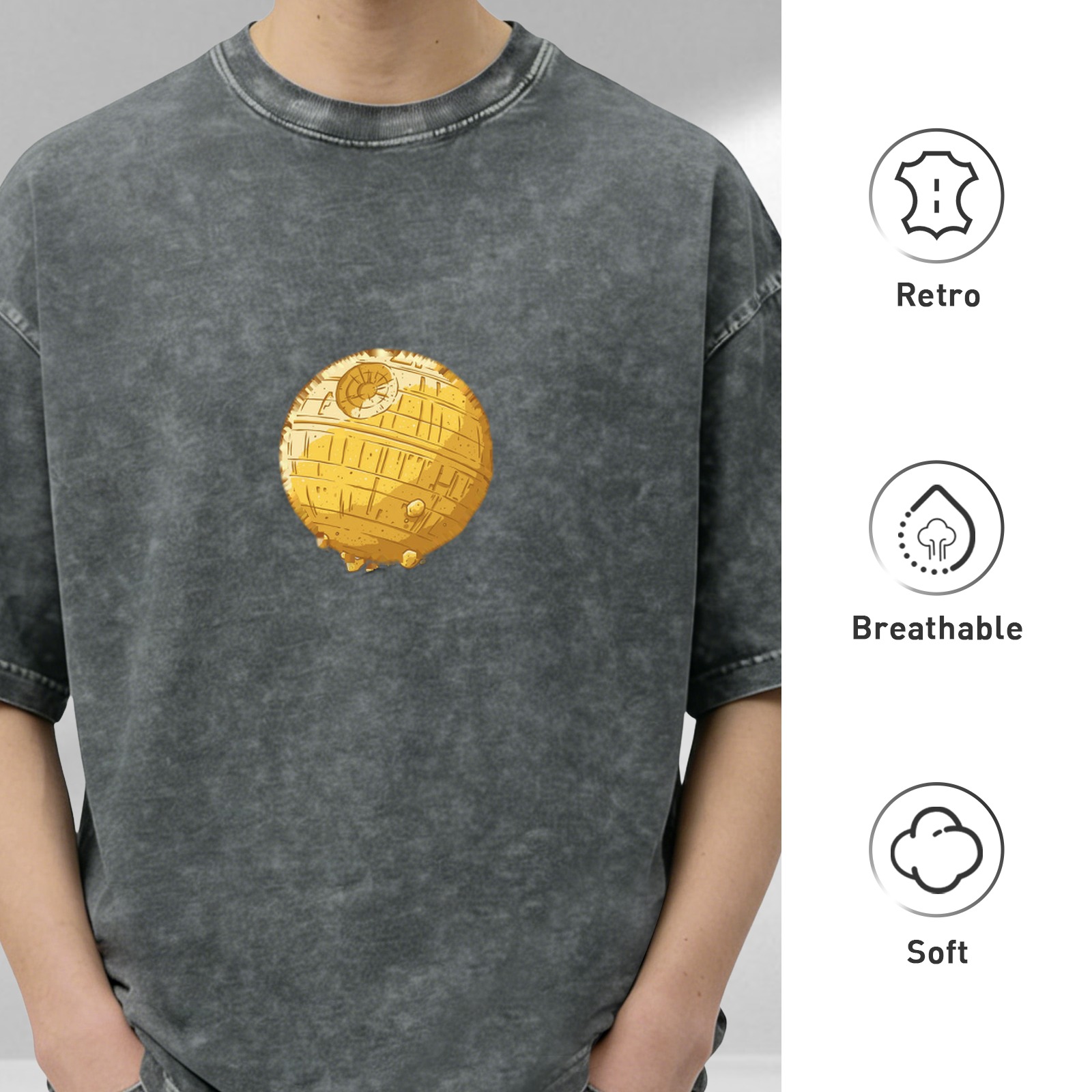 Oversized Stonewashed T-Shirt With Golden Death Star Print
