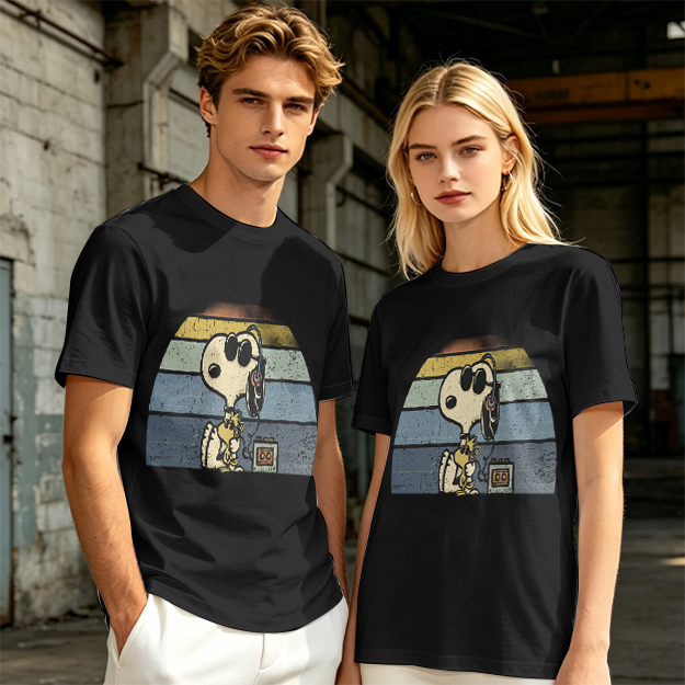 Olive T-shirt with Snoopy and Woodstock Retro Sunset Graphic