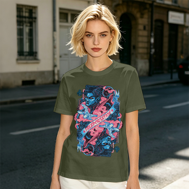 Olive Graphic Tee With Teleportation Demon Artwork