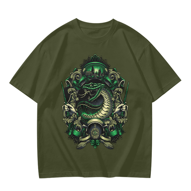 Olive Green T-Shirt With Serpent Crest Graphic Design