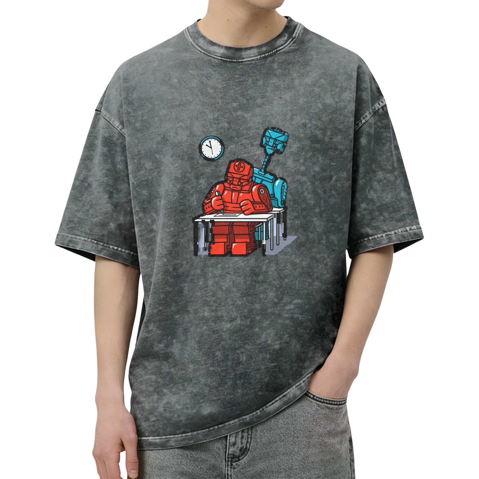 Washed black t-shirt with cartoon robot working at desk graphic