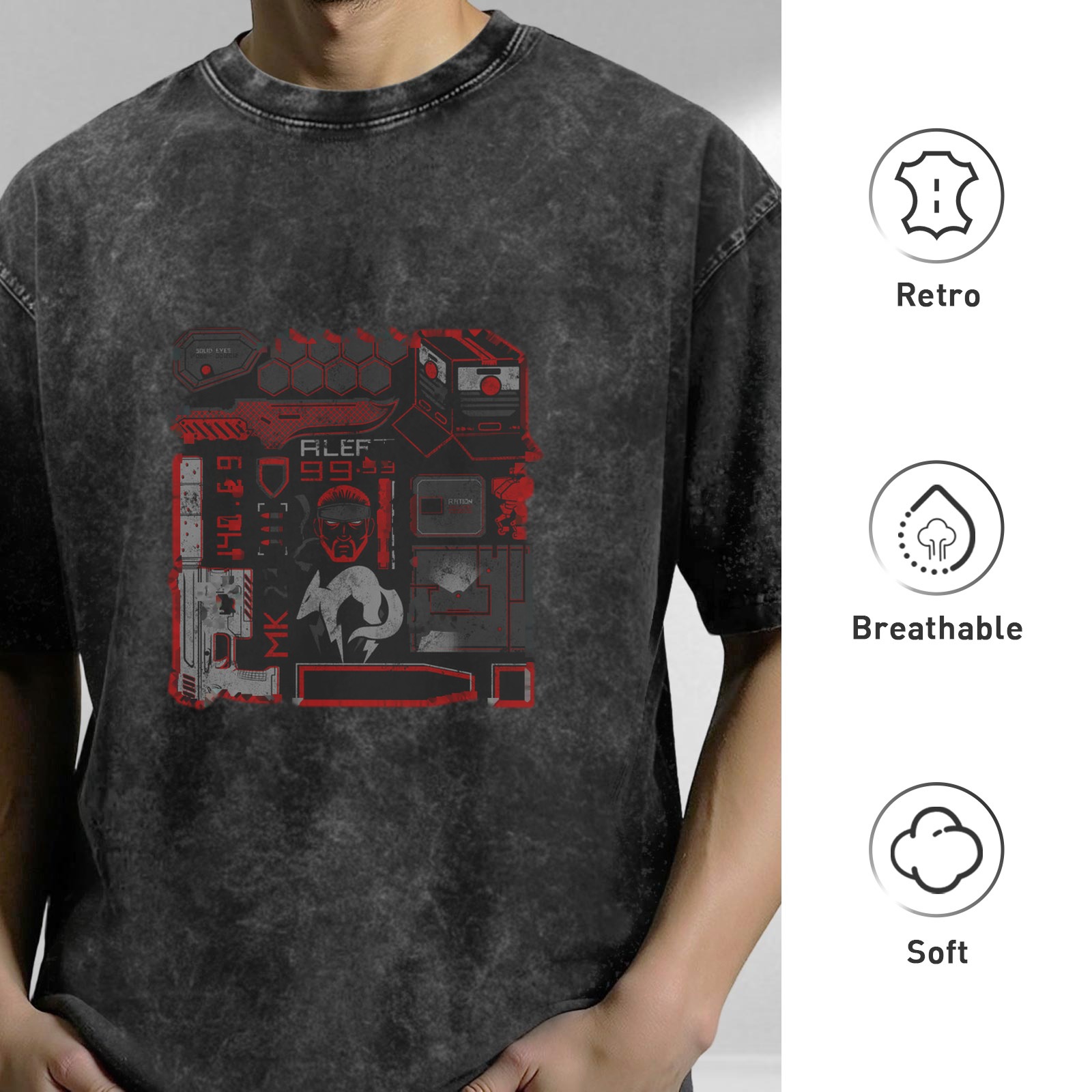 Oversized Stonewashed Black T-Shirt With Cyberpunk Tactical Graphic Print