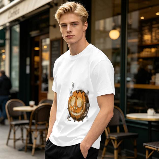 Olive Green T-Shirt With Spooky Halloween Pumpkin Ghost Print