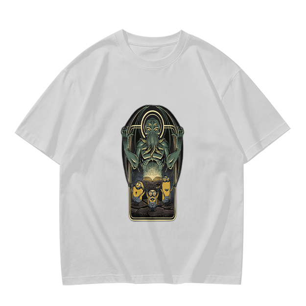 Olive Green T-Shirt with Cthulhu and Minions Graphic Print