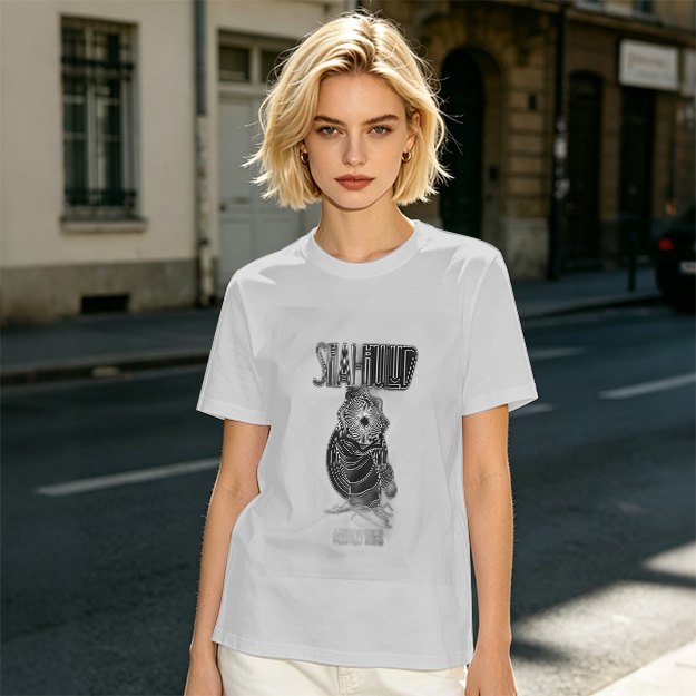 Olive green graphic t-shirt with masked figure print