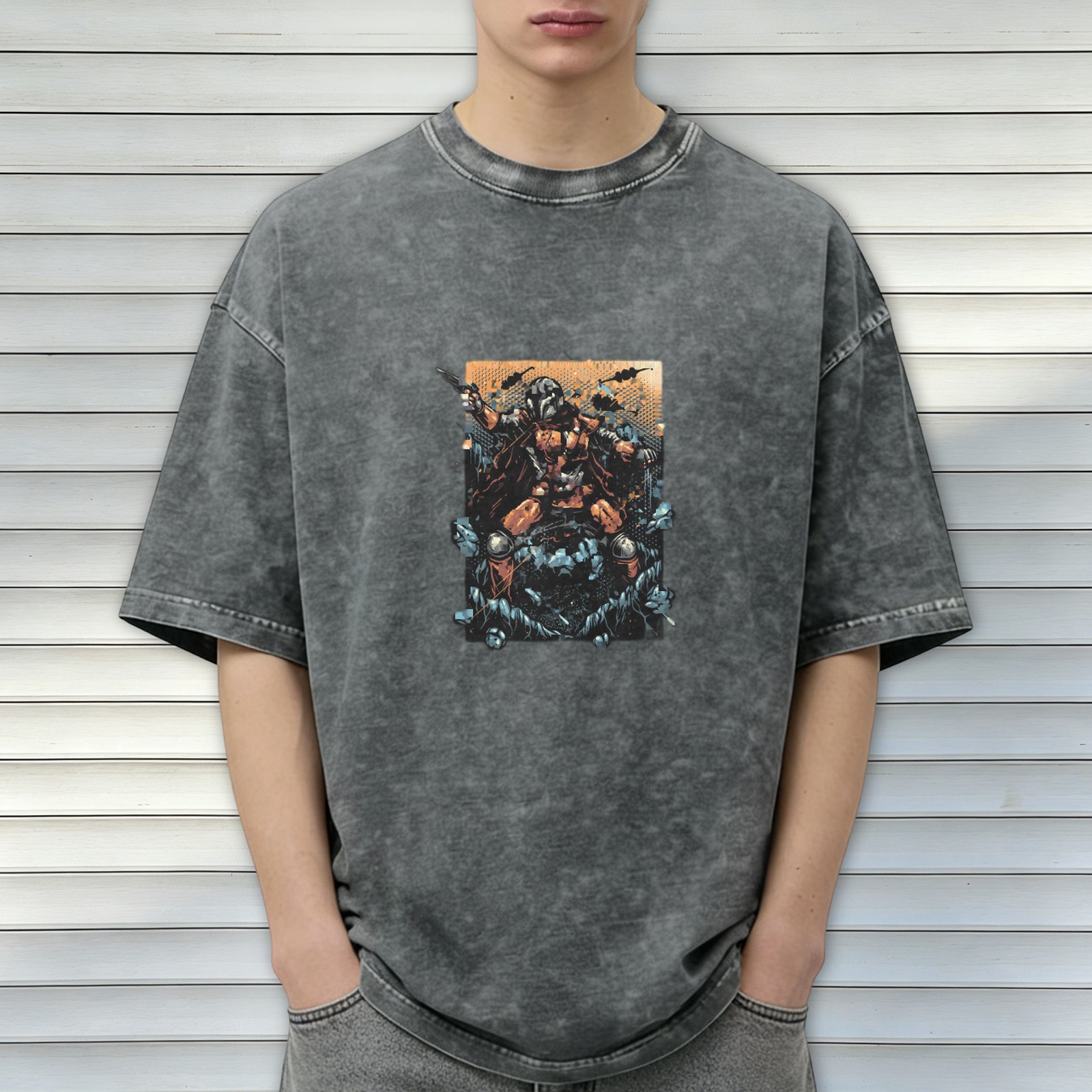 Washed Black T-Shirt With Warrior In Armor Graphic Print