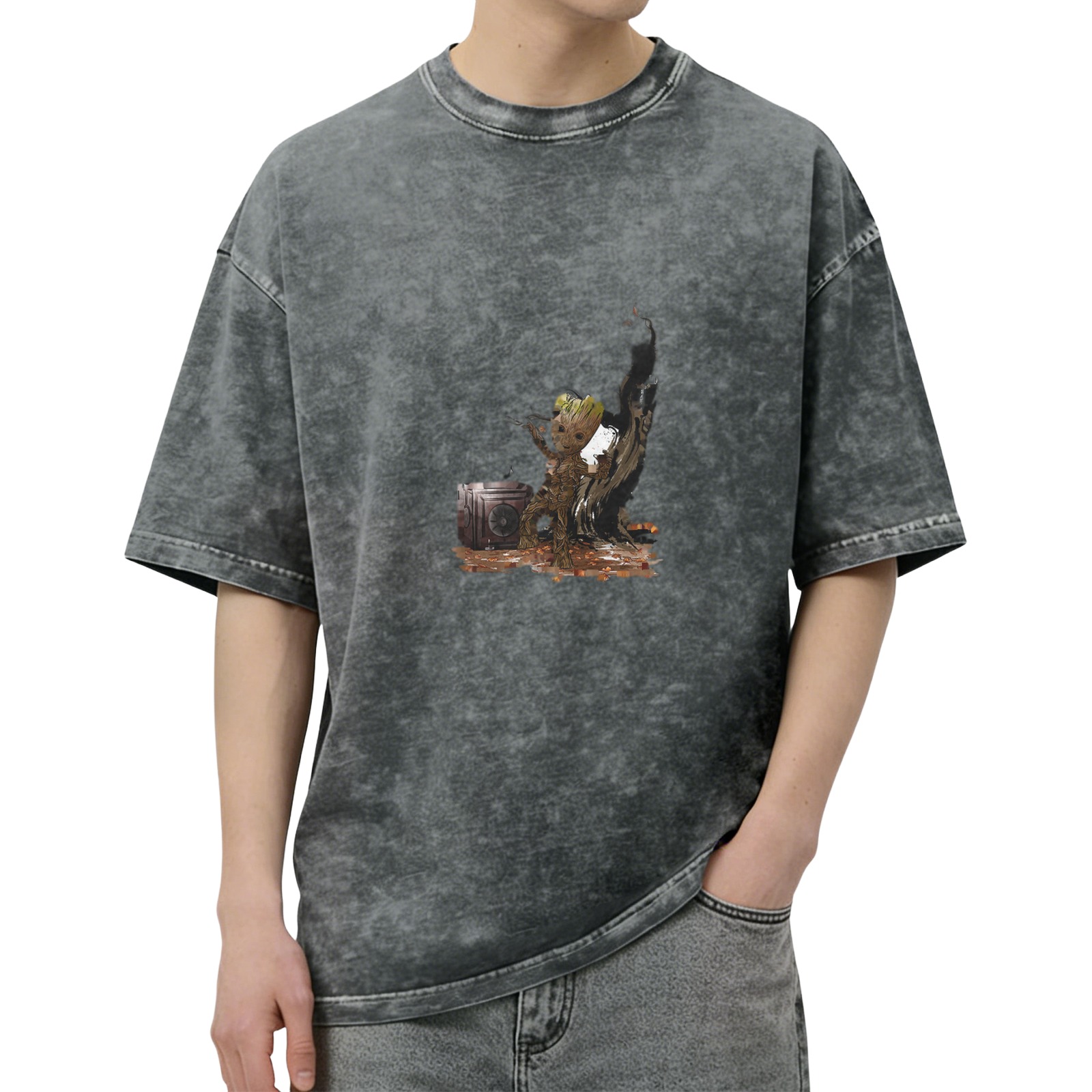 Washed black graphic t-shirt with dancing baby groot print