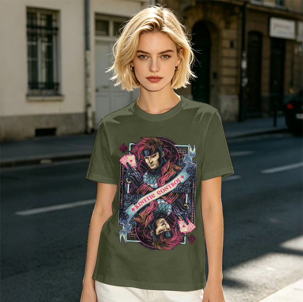 Olive T-Shirt With Gambit Kinetic Control Playing Card Art