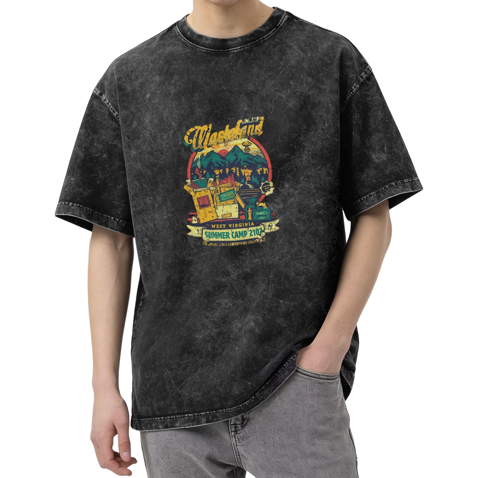 Distressed washed black wasteland style themed printed short-sleeved T-shirt Wasteland Paradise Summer Camp 2102 theme West Virginia summer casual top