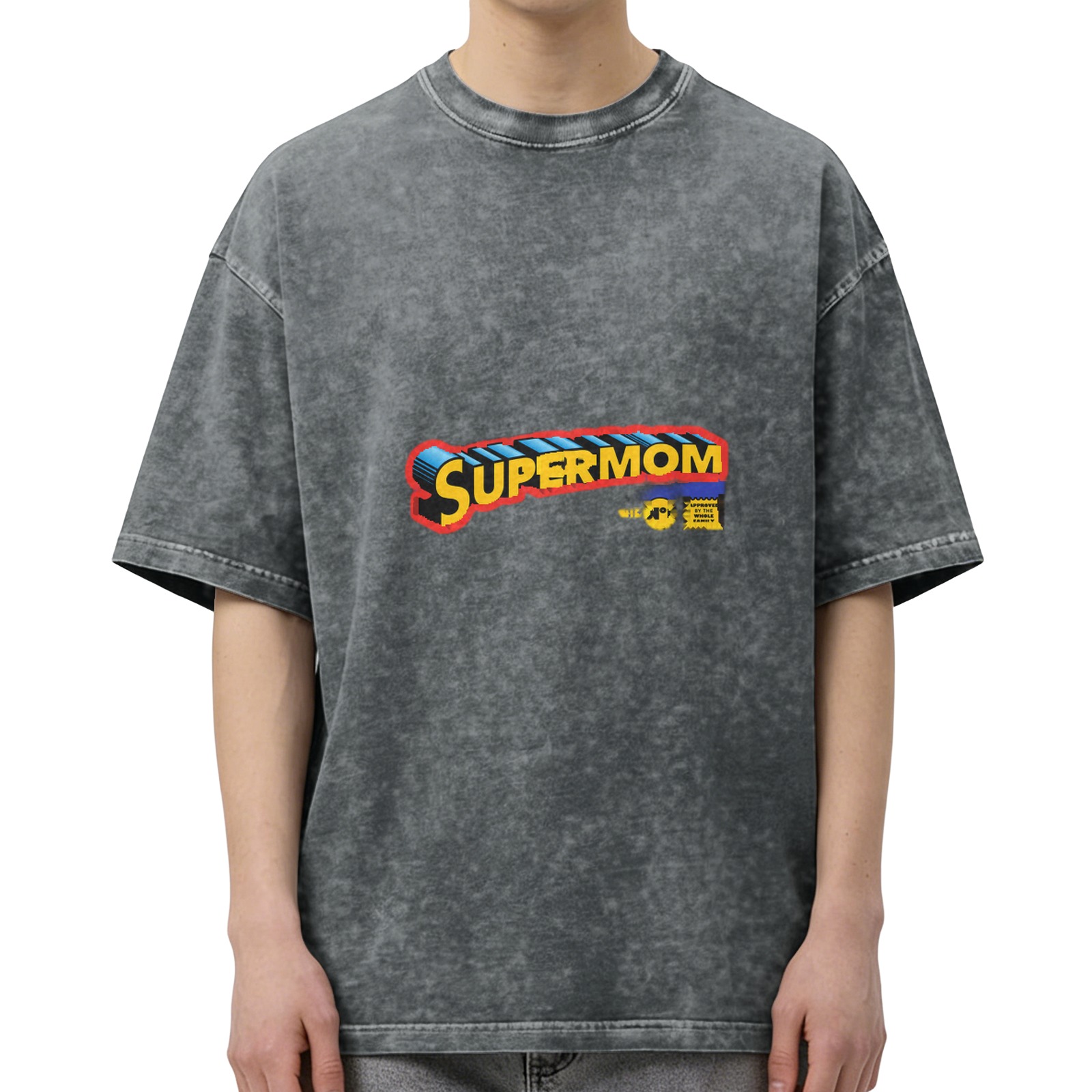 Washed Black T-Shirt With Supermom Comic Style Graphic Print